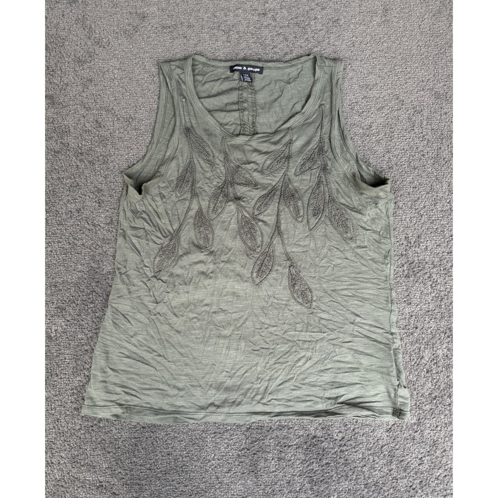 Cable & Gauge Olive Green Embroidered Leaf Tank Top Large Ruched Back Sleeveless